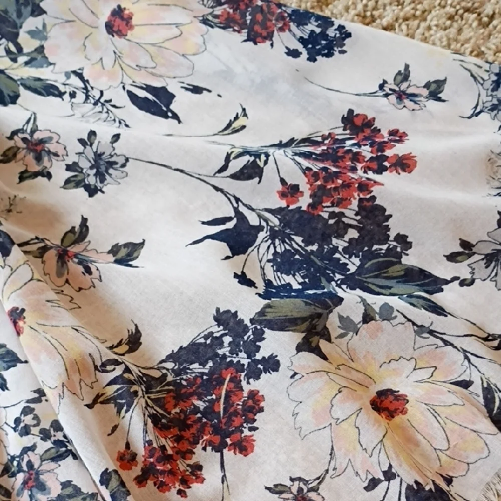 Loft Fashion White Floral Scarf with Navy & Burgundy Accents